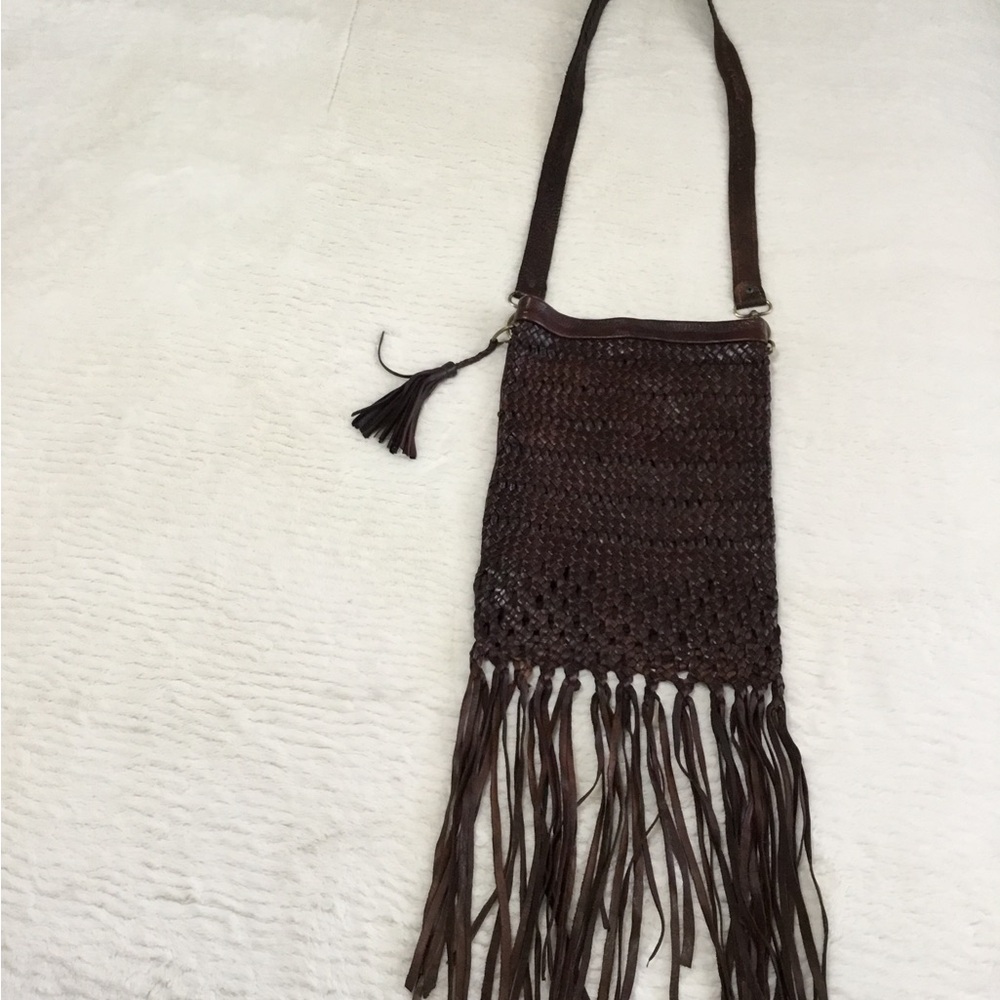 Moti 56 Brown Woven Fringe Leather Crossbody Bag -